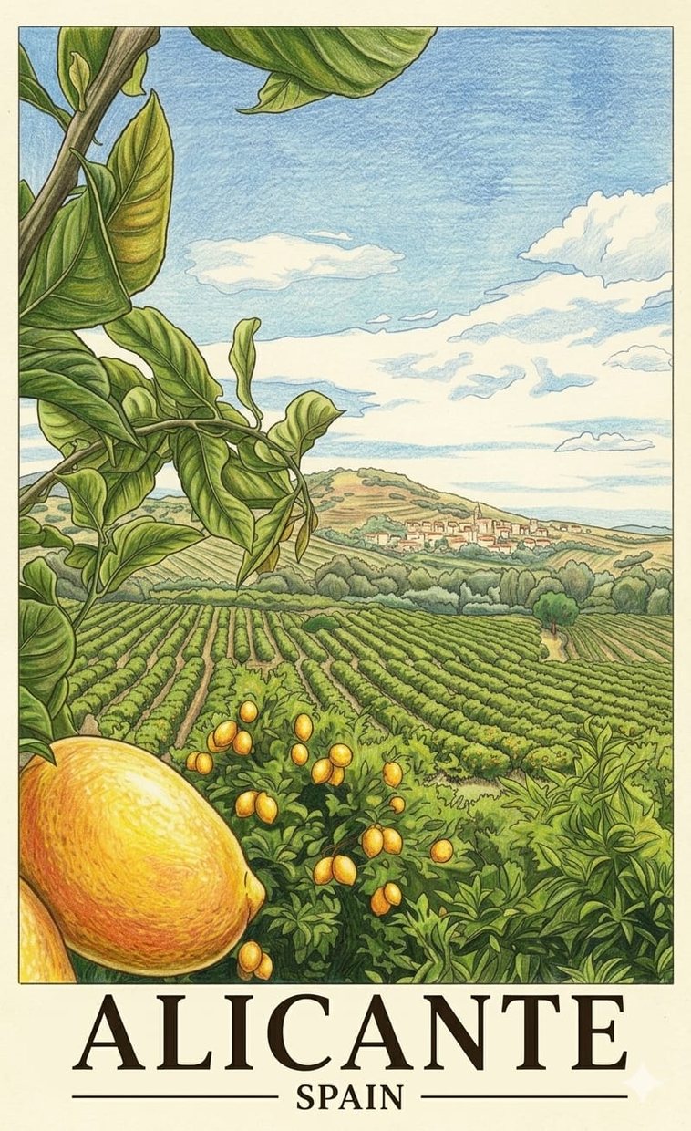 Illustrated Alicante lemon-grove poster